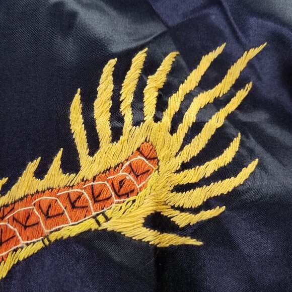 Lucky Kimono Bath Robe M Hand Embroidered Chinese Dragon Black Satin Tie Pockets - Picture 14 of 16